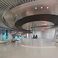 Modern Luxury Sales Office Interior With Streamlined Metal Ceiling And Large Panoramic City View