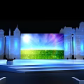 Blue Illuminated Stage Setup With Colorful Background Screen And Arranged Audience Seats