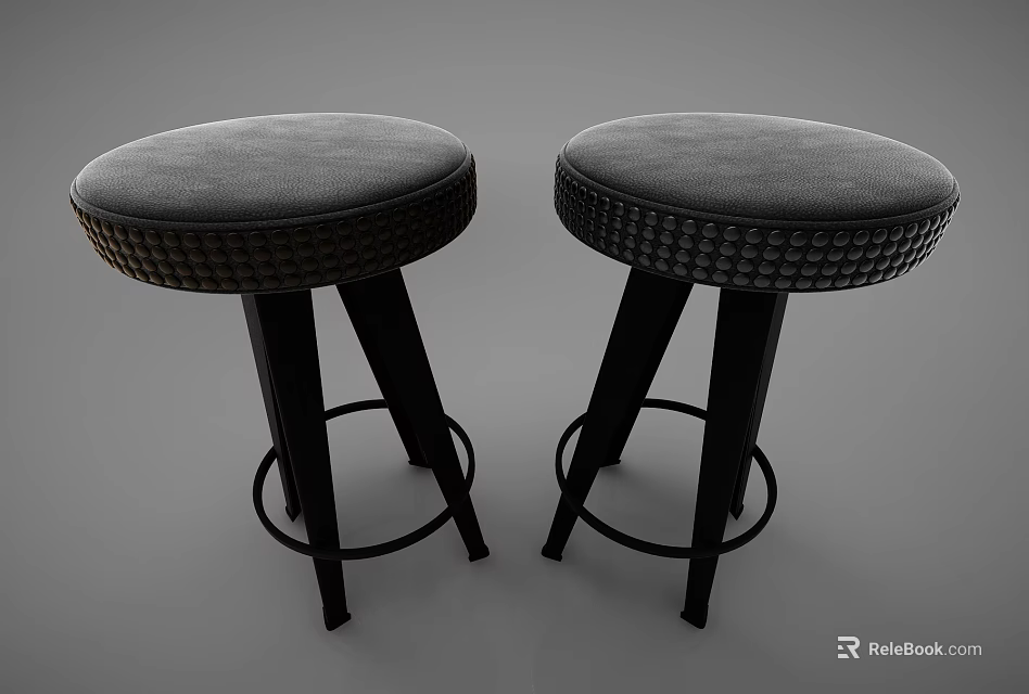 Modern Gray Padded Bar Stools With Black Metal Legs And Textured Edges 3d model 