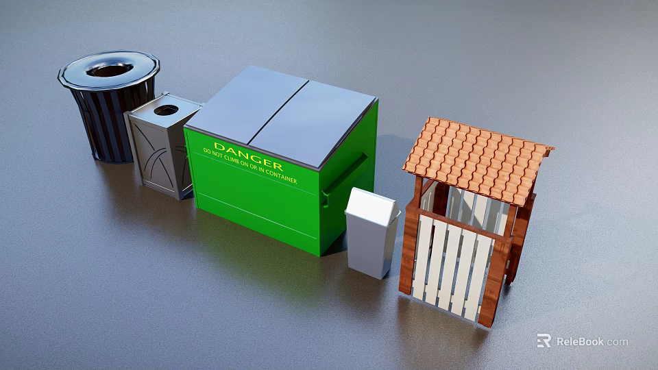 Public Facilities With Trash Bins Green Medical Container Restroom Shelter Brown Roof And White Fence 3d model 