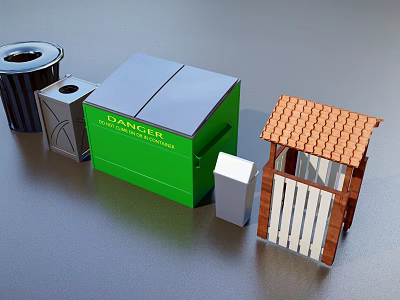 Public Facilities With Trash Bins Green Medical Container Restroom Shelter Brown Roof And White Fence 3d model