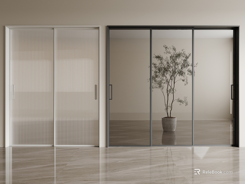Modern Interior Sliding Doors With Frosted Transparent Glass And Potted Plant On Marble Floor 3d model 