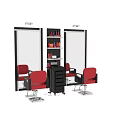 Professional Salon Commercial Equipment With Red Barber Chairs Black Storage Cabinets Mirrors And Product Shelves