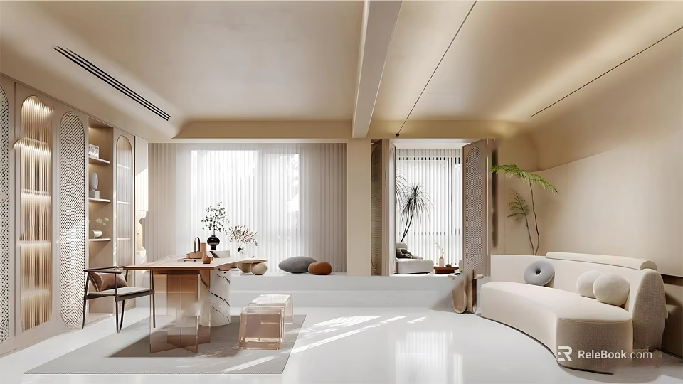 Modern Office Open Layout With Sofa Coffee Table Green Plants Bookshelf And Natural Light Through Large Windows 3d model 