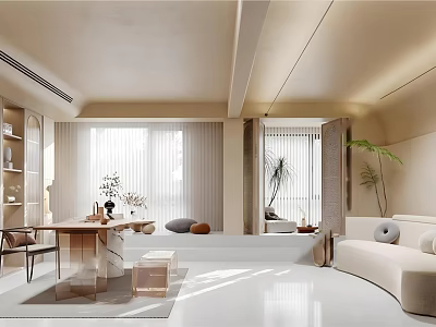 Modern Office Open Layout With Sofa Coffee Table Green Plants Bookshelf And Natural Light Through Large Windows 3d model