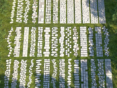 Various Stone Paving Patterns With Different Textures On Green Grass Background 3d model