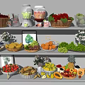Fresh Assorted Fruits Displayed on Shelves with Baskets Jars and Decorative Flowers