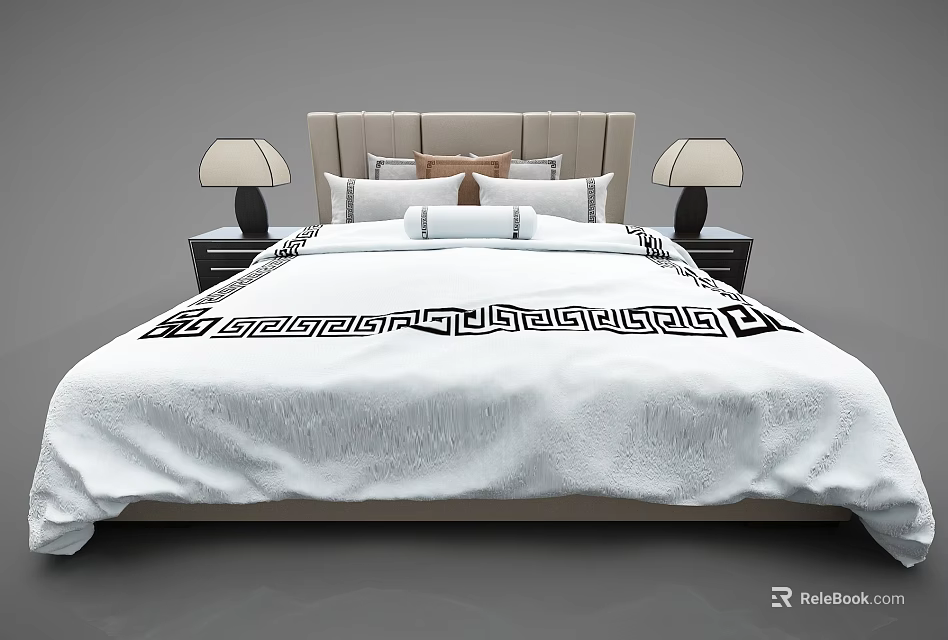 Modern Double Bed With Upholstered Headboard Nightstands Table Lamps And Geometric Pattern Bedding 3d model