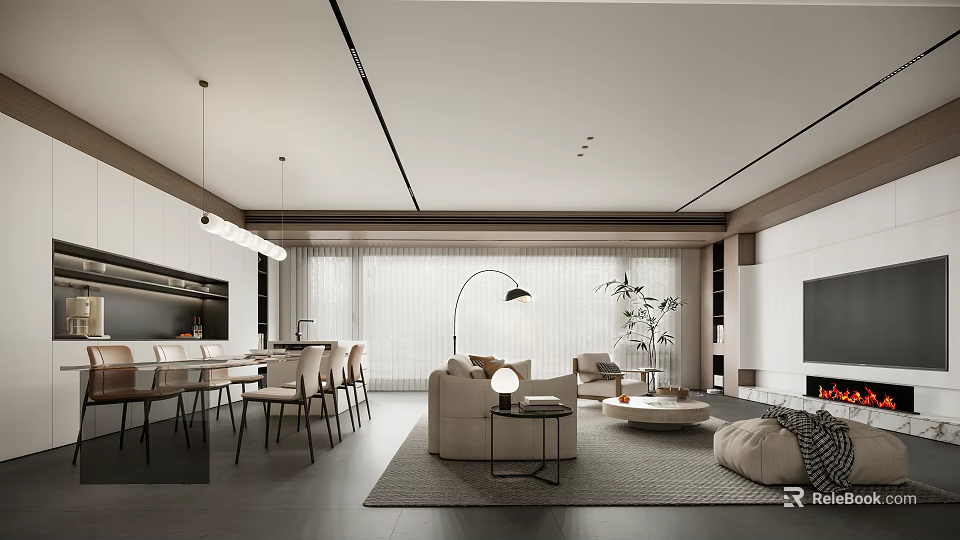 Modern Living and Dining Room Interior With Open Concept Sofa Dining Table and Pendant Lights 3d model 
