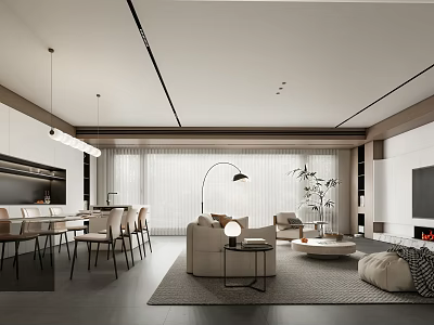 Modern Living and Dining Room Interior With Open Concept Sofa Dining Table and Pendant Lights 3d model