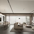 Modern Living and Dining Room Interior With Open Concept Sofa Dining Table and Pendant Lights