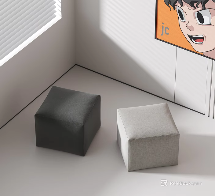 Black and Light Gray Square Stools on White Floor with Window Blinds and Cartoon Wall Art 3d model 