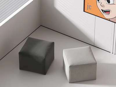Black and Light Gray Square Stools on White Floor with Window Blinds and Cartoon Wall Art 3d model