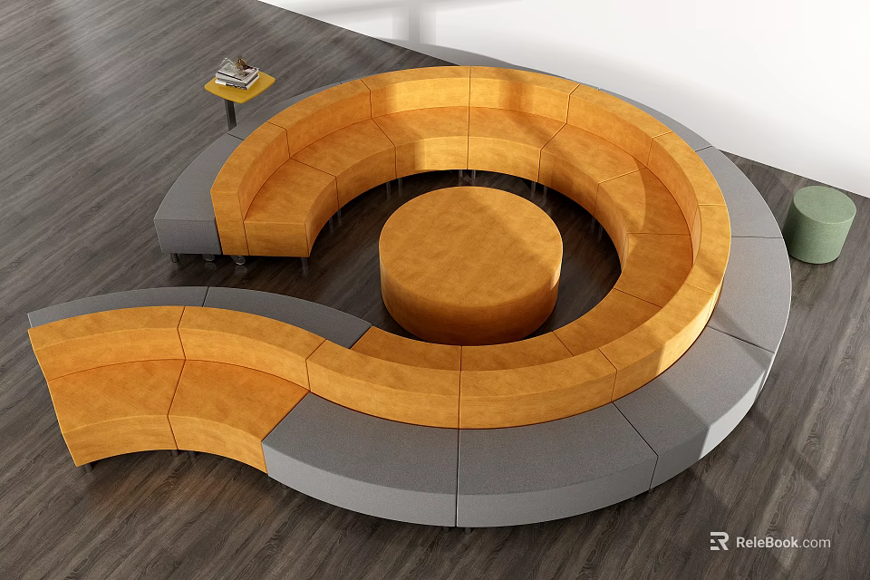 Circular Orange And Gray Sectional Sofa With Central Round Table In Modern Interior 3d model
