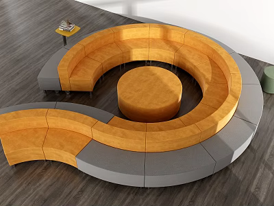 Circular Orange And Gray Sectional Sofa With Central Round Table In Modern Interior 3d model