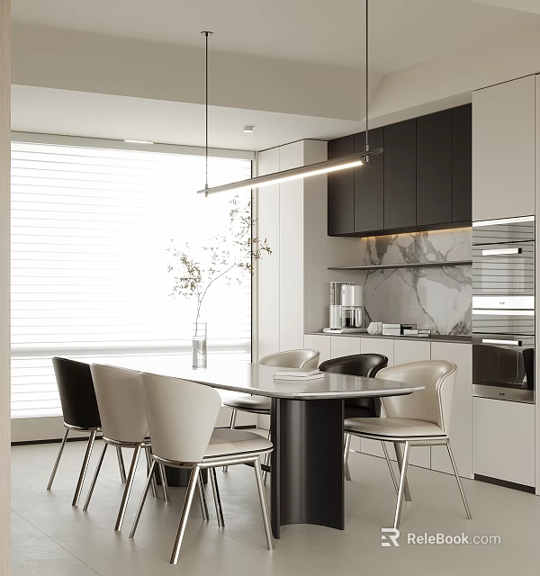 Modern Open Restaurant Kitchen With Round Dining Table Chairs Black Cabinets And Hanging Lights 3d model