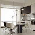Modern Open Restaurant Kitchen With Round Dining Table Chairs Black Cabinets And Hanging Lights 3d model
