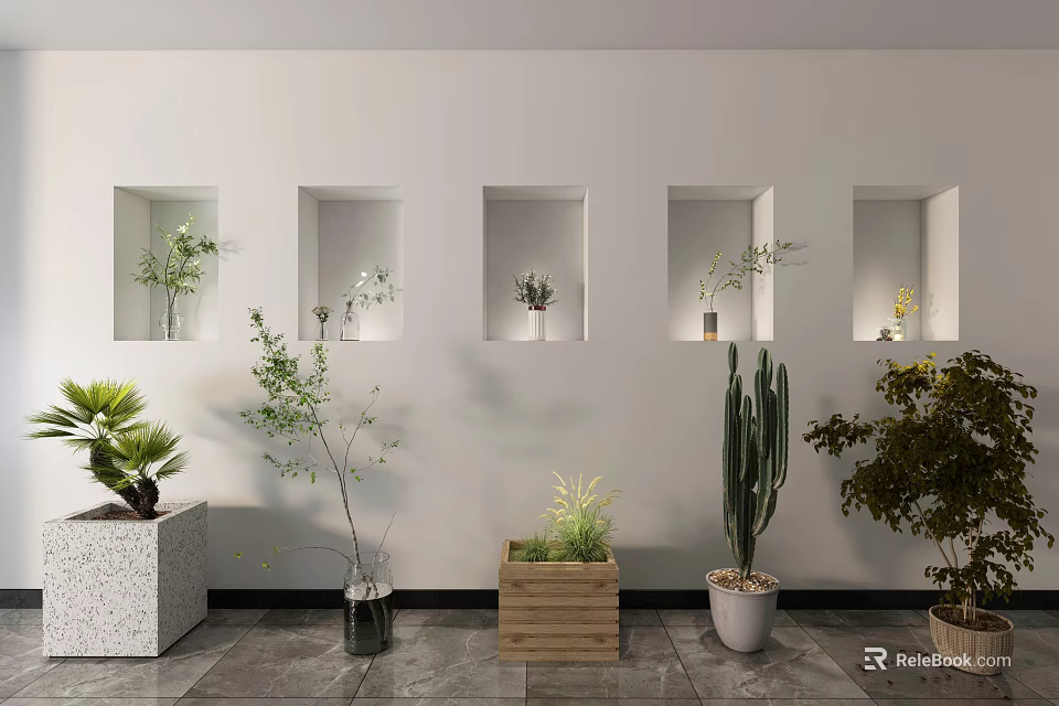 Bonsai and Potted Plants Display in Wall Niches and Floor with Concrete Wooden Woven Planters 3d model 