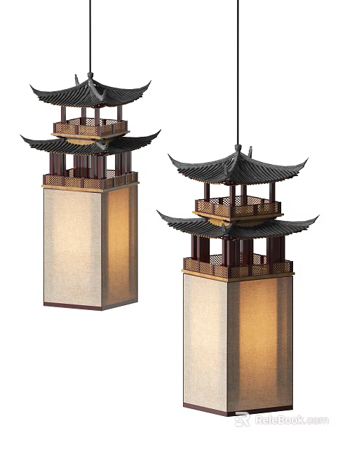 Traditional Chinese Style Chandeliers With Pagoda Roofs And Wooden Beige Lamp Bodies 3d model 