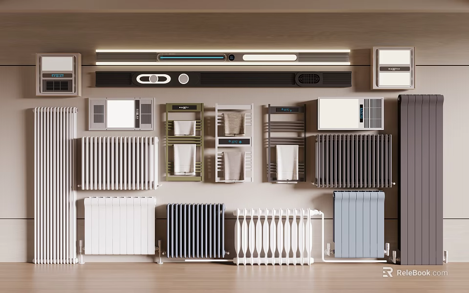 Different Types And Colors Of Radiators Arranged For Home Heating 3d model 