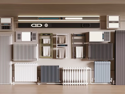 Different Types And Colors Of Radiators Arranged For Home Heating 3d model