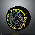 Car Wheel With Pirelli Zero Tire Featuring Yellow R+ SCS Markings And Silver Rim
