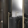 Luxurious Double Washbasin With Black Basins Marble Background Golden Lines Arched Mirrors And Side Shelves