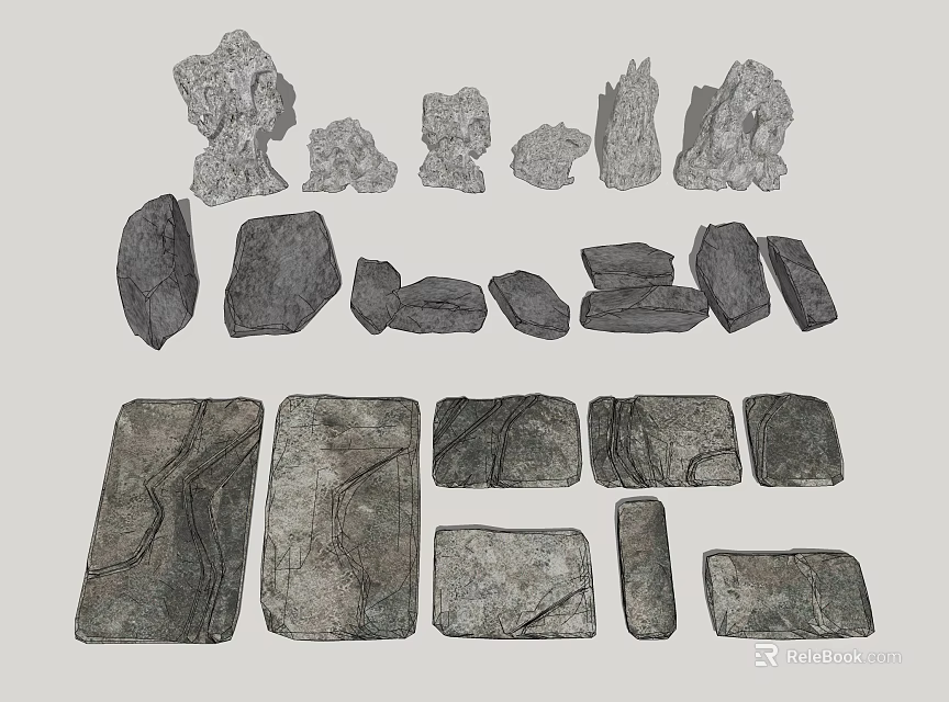 Natural Stone and Wood Decorative Elements with Various Shapes Sizes and Textured Surfaces 3d model 