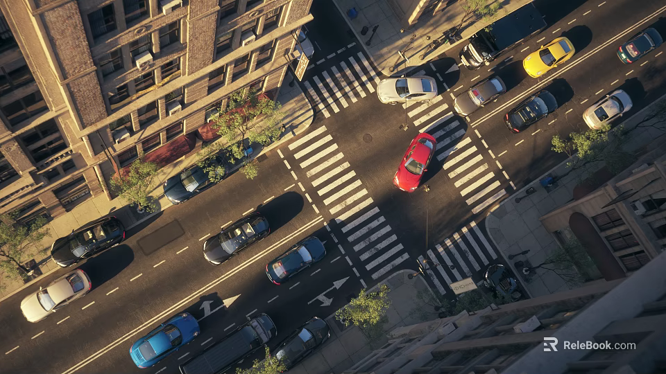 Busy Urban Commercial Street Aerial View With Vehicles At Crossing And Buildings 3d model 