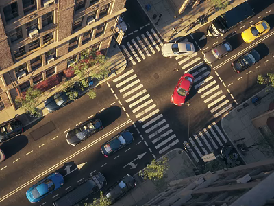 Busy Urban Commercial Street Aerial View With Vehicles At Crossing And Buildings 3d model