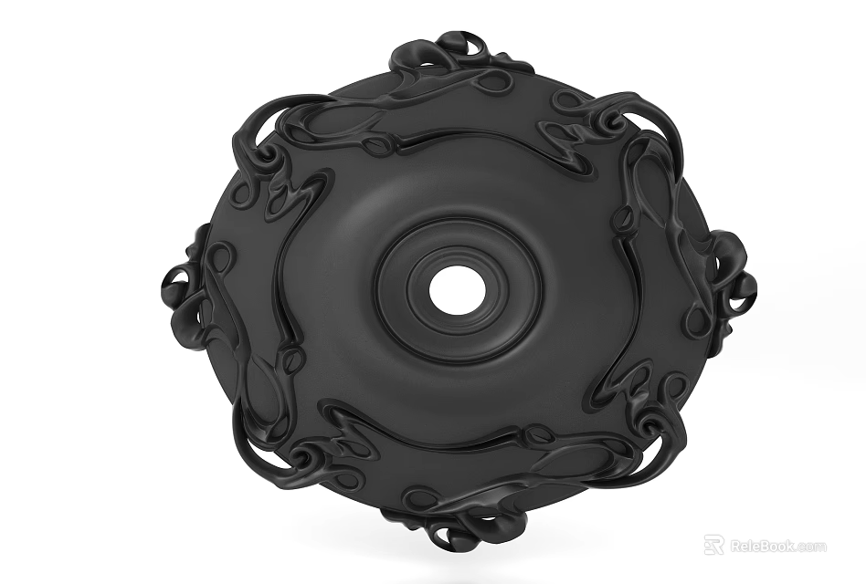 Black Decorative Ceiling Light Plate With Intricate Scroll Patterns And Central Circular Hole 3d model 