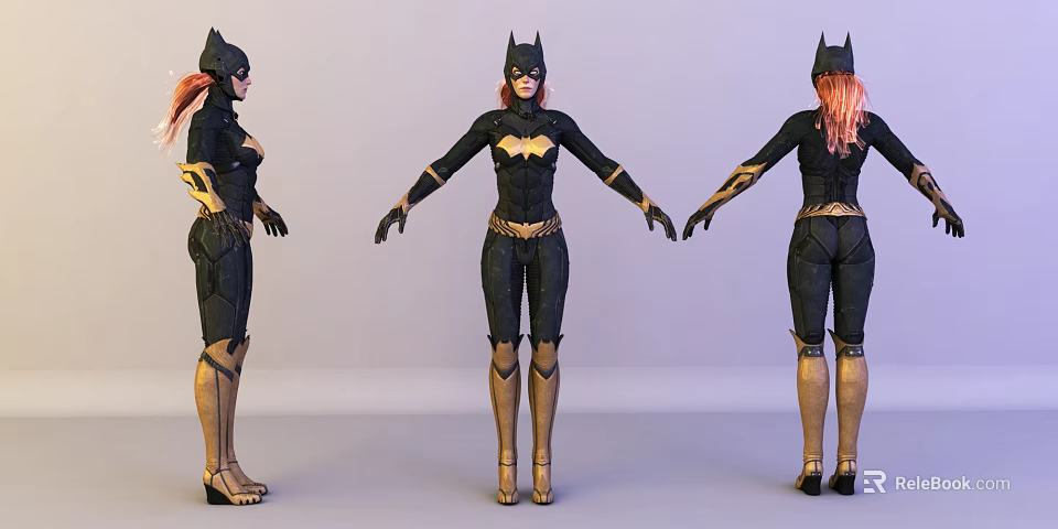 Female Bat Game Character With Black Bodysuit Red Hair Gold Accents Front Side Back Views 3d model 
