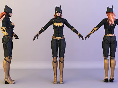 Female Bat Game Character With Black Bodysuit Red Hair Gold Accents Front Side Back Views 3d model