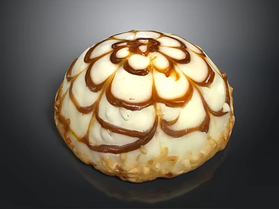 Round Dessert With Creamy White Frosting And Caramel Floral Pattern On Almond Crumb Base 3d model