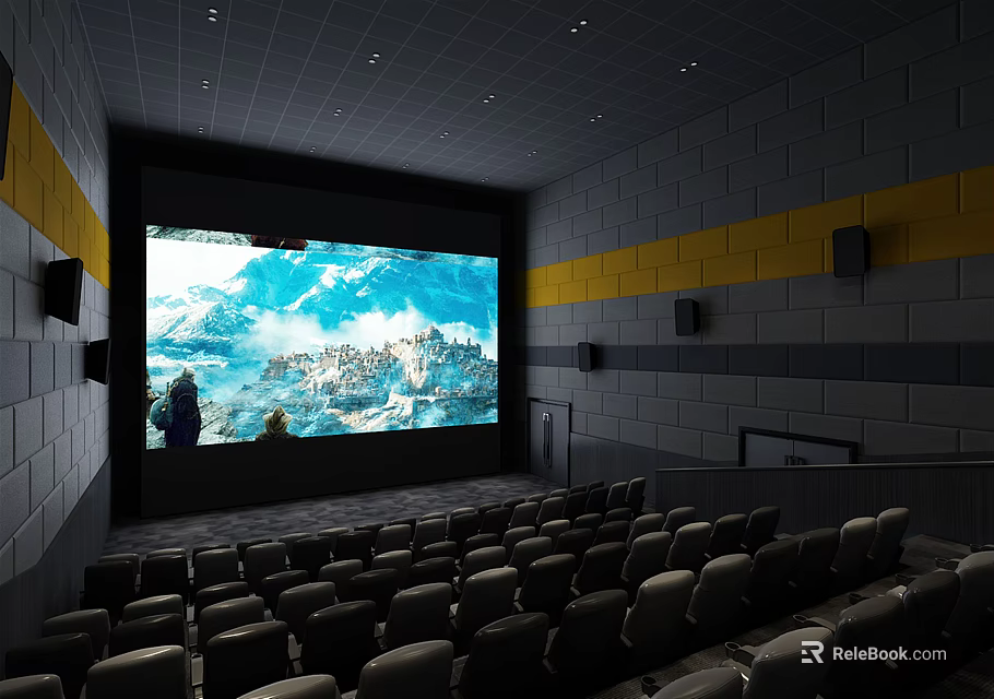 Modern Cinema Interior With Large Projection Screen And Rows Of Comfortable Seats 3d model 