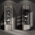 Two Modern Luxury Shelving Units With Drawers On Marble Floor And Mountain Pattern Background Wall