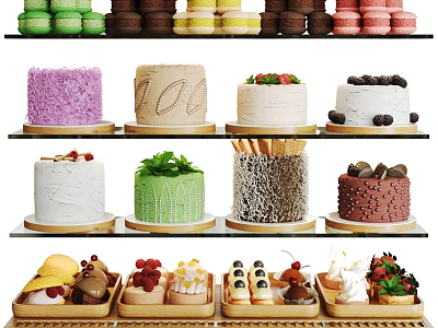 Assorted Colorful Desserts Display With Macarons Decorated Cakes And Pastries 3d model