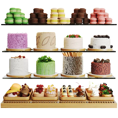 Assorted Colorful Desserts Display With Macarons Decorated Cakes And Pastries 3d model