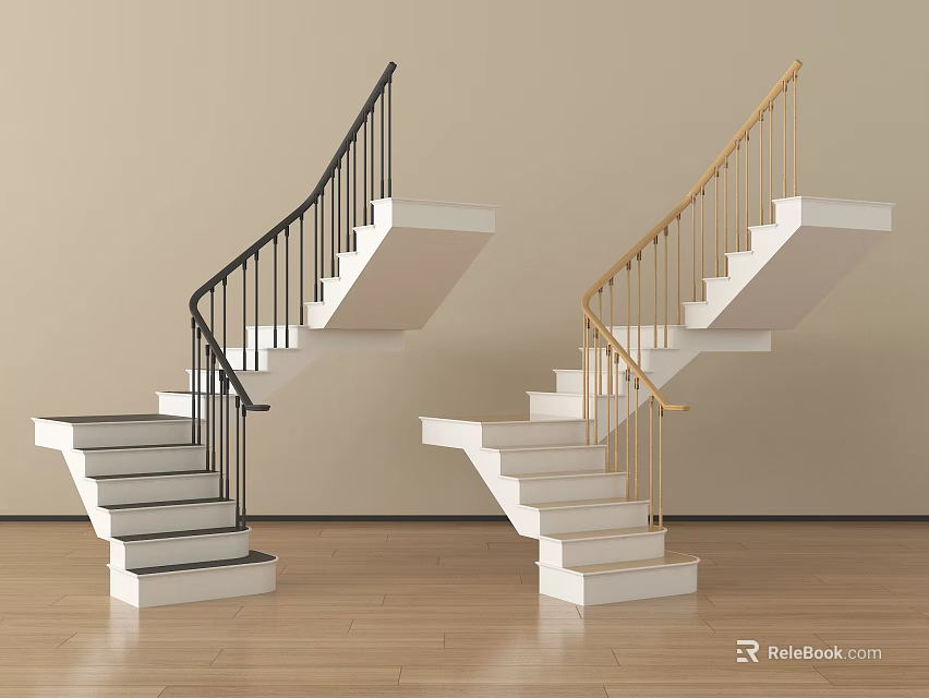 Elegant Stairs With White Steps And Black Gold Railings In Modern Interior 3d model 