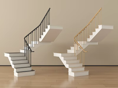 Elegant Stairs With White Steps And Black Gold Railings In Modern Interior 3d model