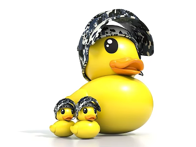 Big Yellow Duck And Two Small Baby Ducks Wearing Camouflage Hats 3d model