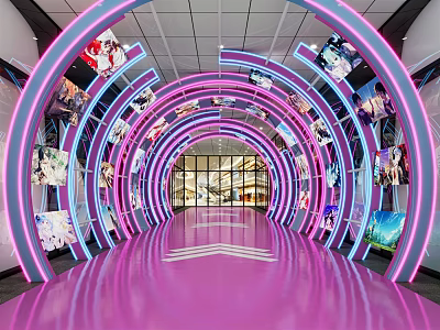 Elevator Corridor with Pink Floor Arched Neon Lights Decorative Images and Glass Door 3d model