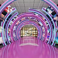 Elevator Corridor with Pink Floor Arched Neon Lights Decorative Images and Glass Door