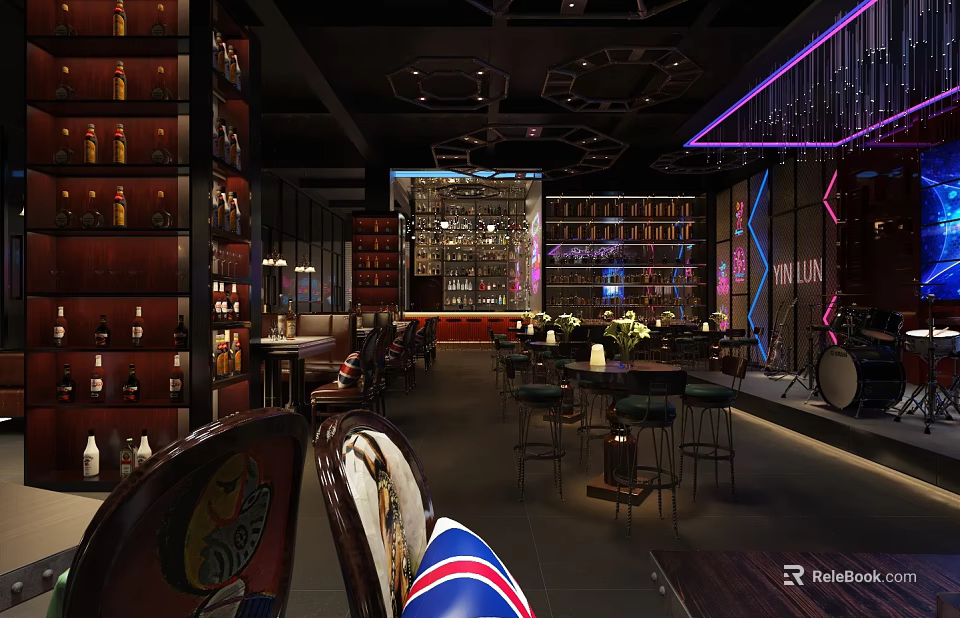Modern Bar Interior With Vintage Wine Racks Wooden Counter And Ambient Lighting 3d model 