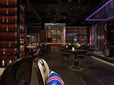 Modern Bar Interior With Vintage Wine Racks Wooden Counter And Ambient Lighting 3d model