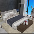 Double Bed In Modern Bedroom With Grey Walls White Headboard Window Rug And Gift Box