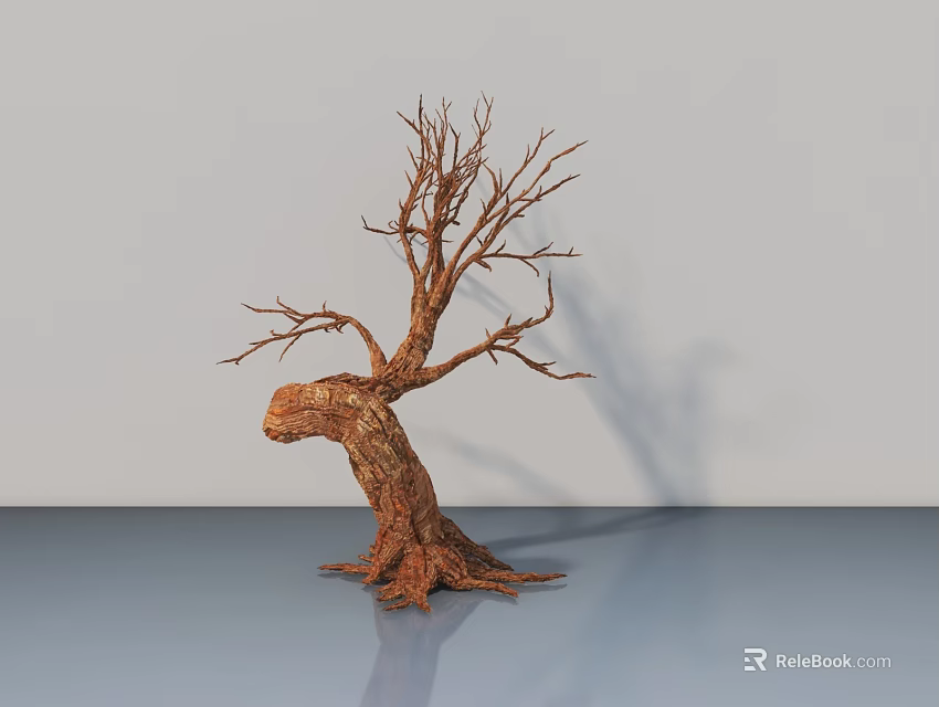 Hinged Door in Space with Withered Tree Curved Trunk Gray Wall and Blue Floor 3d model