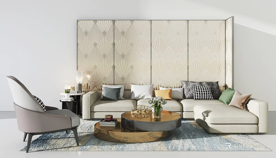 Modern Sofa Coffee Table Set with Multiple Colorful Cushions Round Gold Table Patterned Wall Decor 3d model