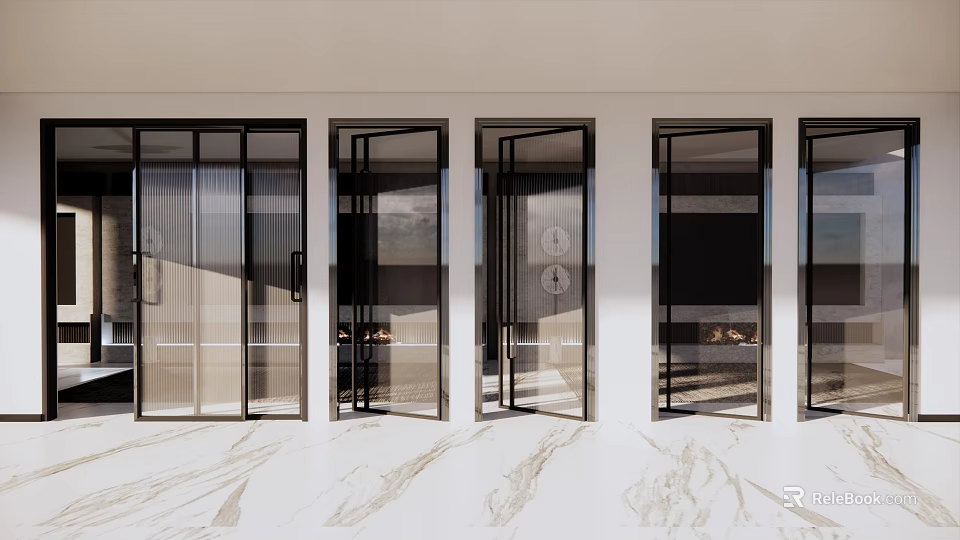 Modern Door Components With Glass Panels Black Metal Frames And Sleek Handles 3d model 