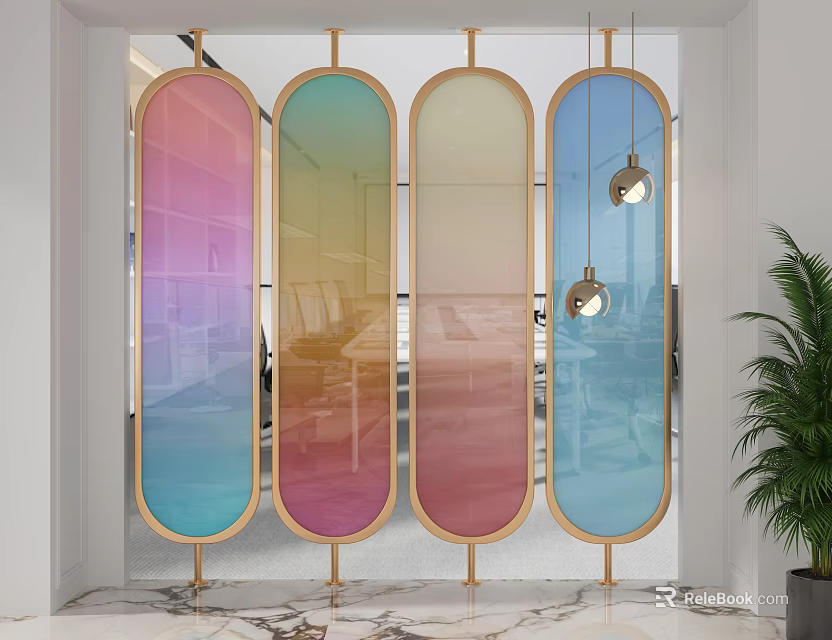 Color Gradient Oval Screens With Wooden Frames In Modern Interior 3d model 